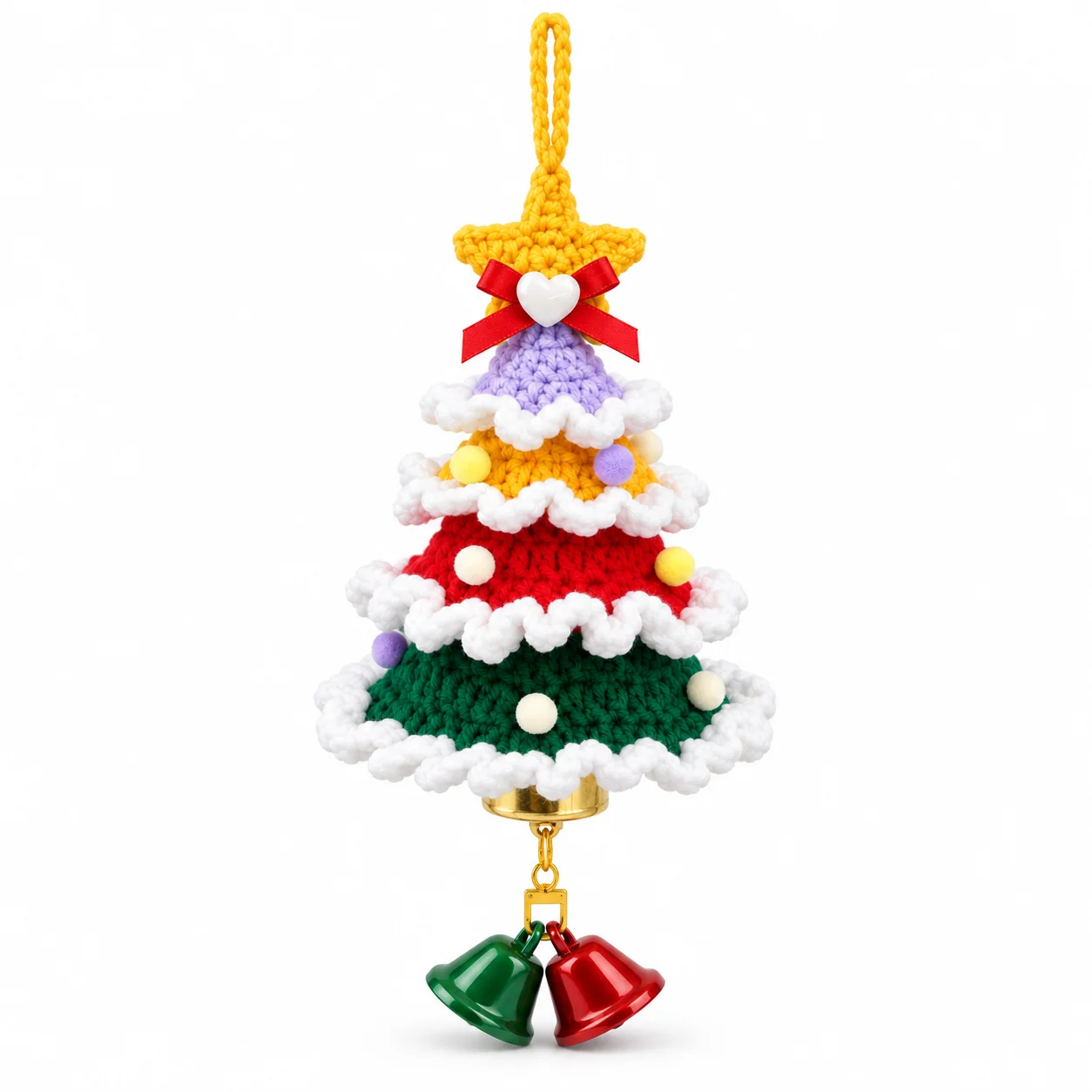 Handmade Crochet Christmas Tree Wind Chime with Red & Green Bells Star Bow Pom Pom Hanging Ornament Holiday Home Decor Gift