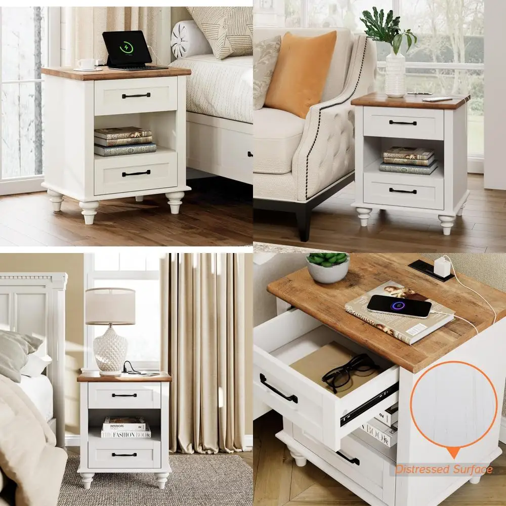 nightstand with charging port, storage drawer & wooden legs, rustic style