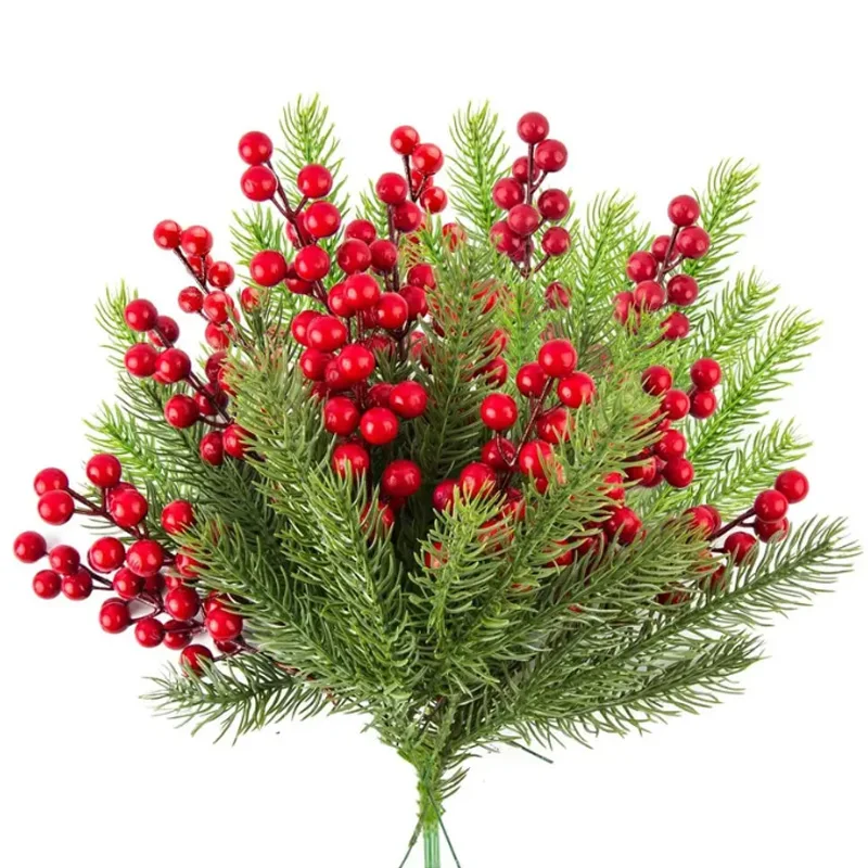 10 pz pianta artificiale bacca rossa verde pino ago scatola regalo di natale decorazione finta casa matrimonio decorazione della tavola accessori