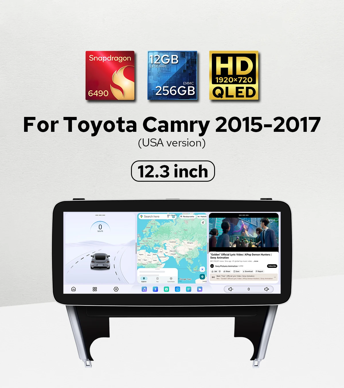 

JOYING 12,3-дюймовый автомобильный мультимедийный плеер для Toyota Camry 2015-2017, интеллектуальная автомобильная навигация QLED1920x720, сенсорный экран, двойной Bluetooth