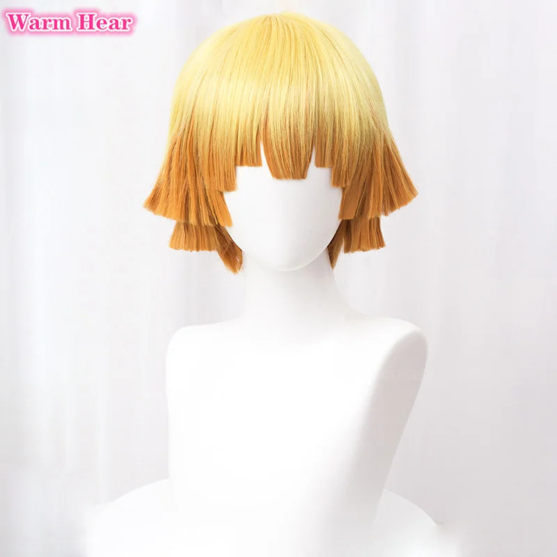 Anime Agatsuma Zenitsu Peluca de Cosplay corta, 30cm, amarillo degradado, naranja, resistente al calor, pelucas sintéticas para hombres, Halloween + gorro de peluca