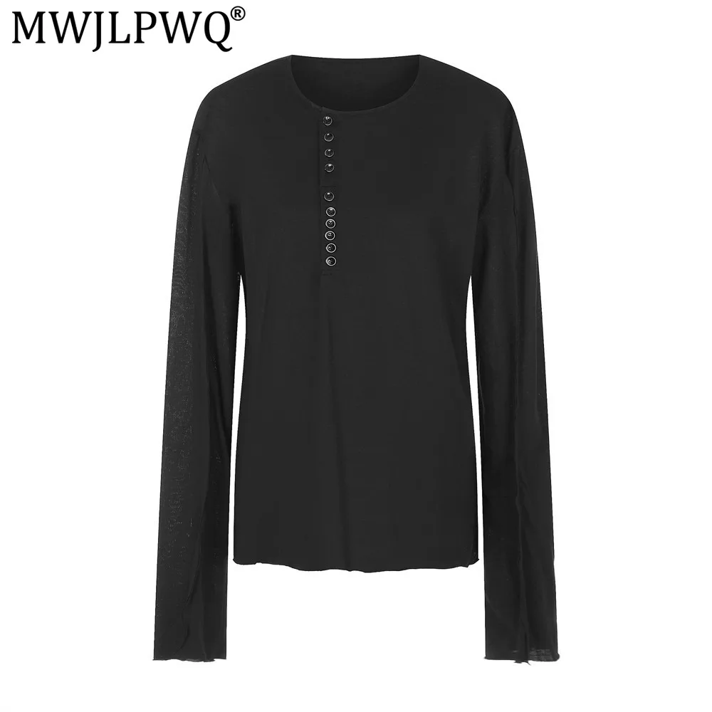MWJLPWQ Solid Color Long-Sleeve Men's T-Shirt Trendy Frayed Edges Unique Diagonal Button Half-Open Round Neck  Basic Tops 20738