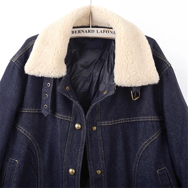 Winter New Women Dark Blue Short Denim Jacket Faux Lambswool Lapel Warm Down Liner Cowboy Outerwear Female Casual Chaqueta Mujer