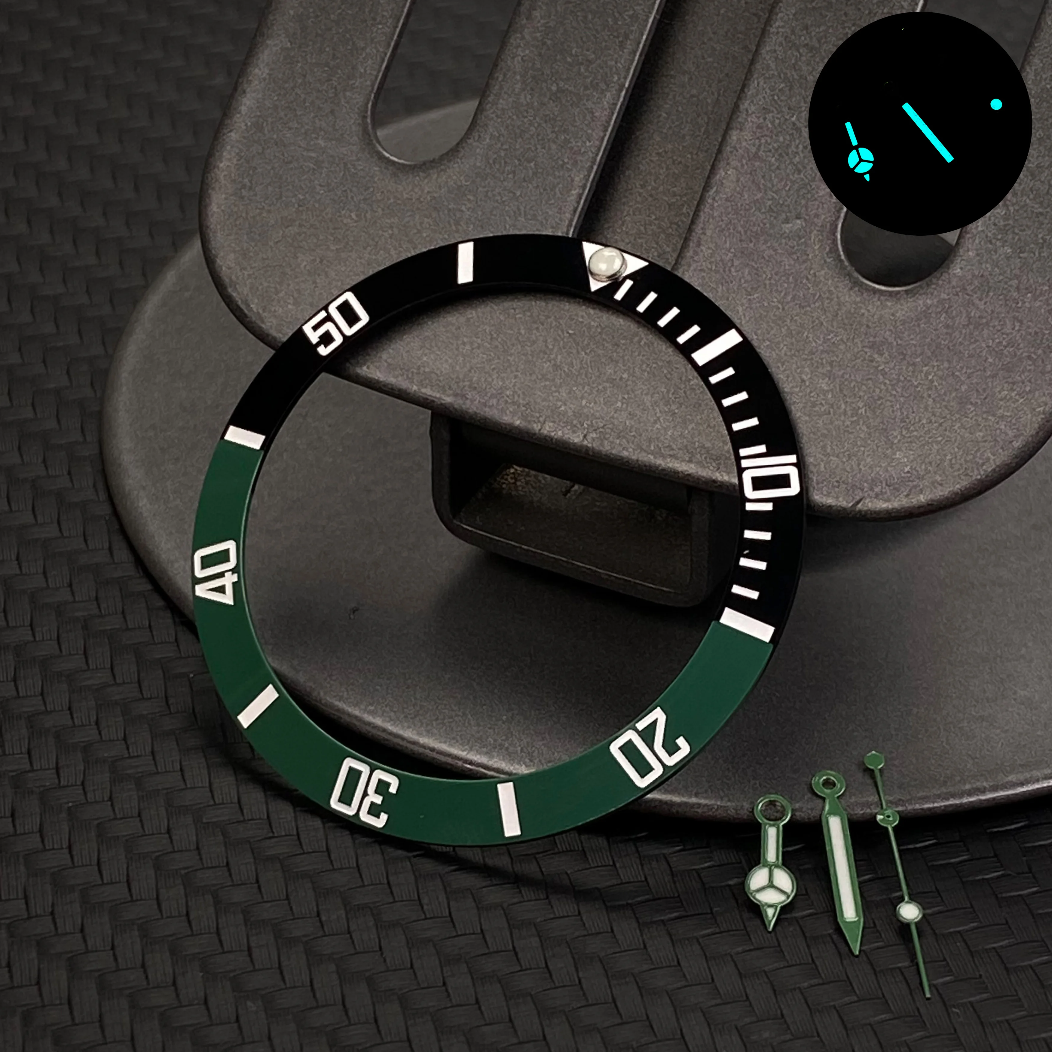 NH35 시계 바늘 섬유 패턴 디자인 세라믹-알루미늄 베젤 블루 그린 빛나는 손 NH35 NH36 무브먼트 부품 시계 케이스에 적합