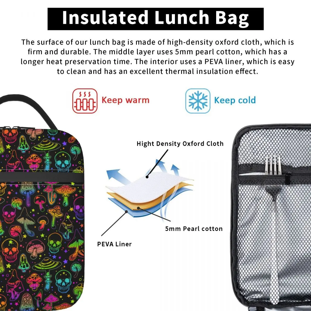 Borsa termica per il pranzo borsa per il pranzo Crazy Trippy Skull accessori per funghi scatola per alimenti scatola per il pranzo termica Y2K per il lavoro