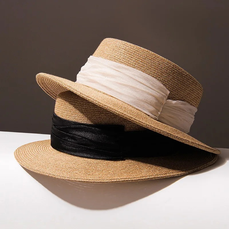 

Handwoven straw hat ladies summer sunshade beach hat British vintage flat top panama hat sun hats for women raffia hat