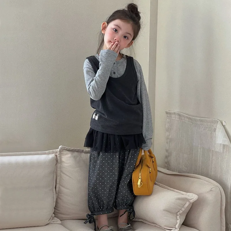 Girls Spring New Solid Color Long Sleeve Top Tank Top 2026 Fart Curtain Dot Casual Pants Three Piece Set