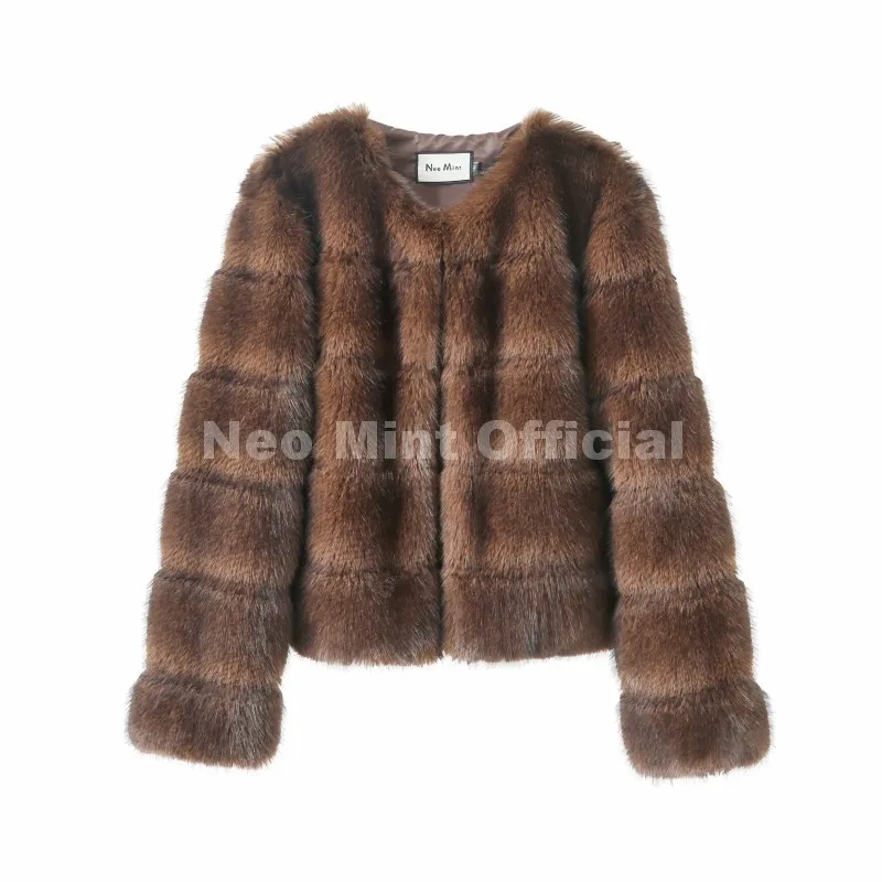Neo Mint Vintage Brown Patchwork Fur Coat Women Winter 2025 Luxury Brand Fashion Faux Fox Fur Jacket Chic Street Girl Overcoats