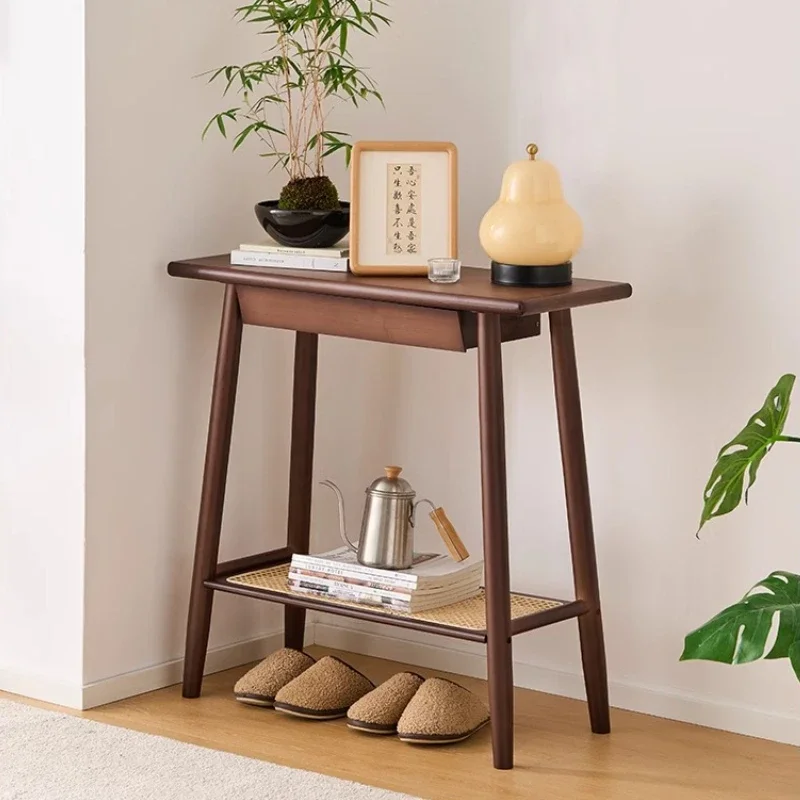 Modern Chinese Console Table Rattan Entryway Table with Drawers Wall-Mounted Narrow Hallway Desk Minimalist Storage Rack