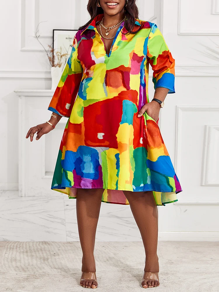 Plus Size Melting Colors All-over Print Flowy Shirt Dress