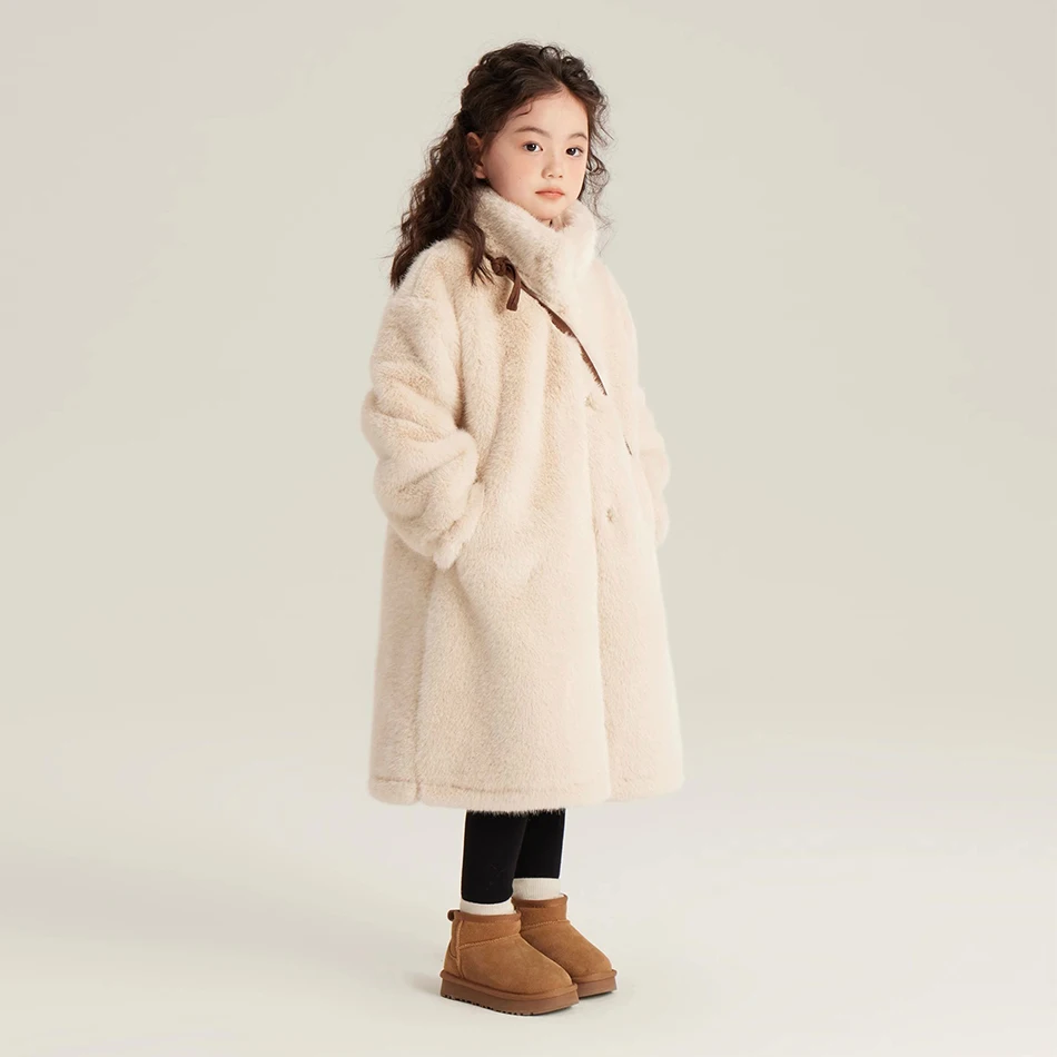 Children Winter Outerwear Luxurious Faux Fur Fashion Long Coat for Girls Wool Blends Thick and Warm with Pockets Kids Clothes