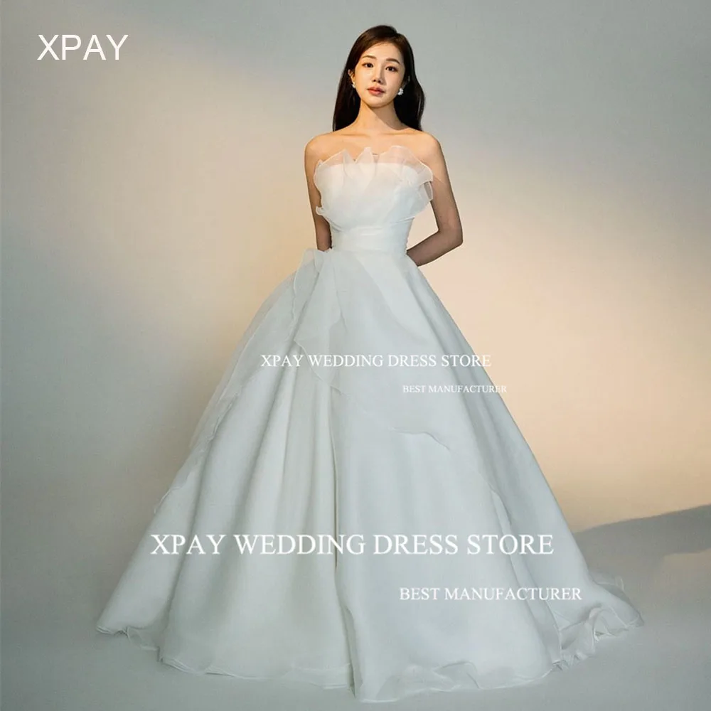 

XPAY Strapless Ruffles Organza Korea Wedding Dresses Fairy Ball Gown Photos Shoot Draped Pleats Bridal Gown Backless Bride