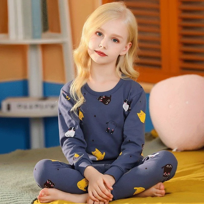 Set 2 Pack 100% Cotton Children's Long Johns Spring and Autumn Medium Girls' Underwear Set Long Pants Long Sleeves Loungewear
