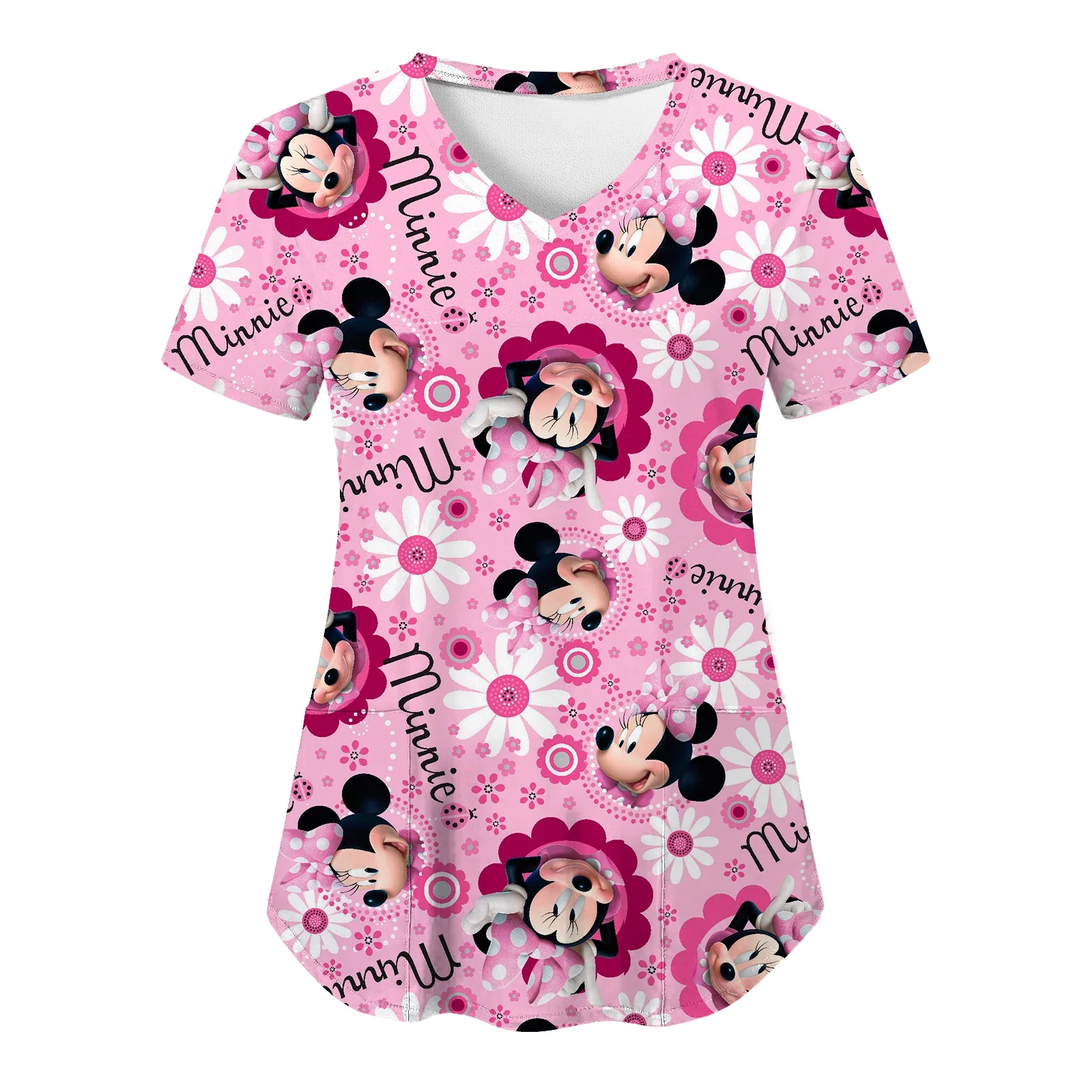 T Shirts Minnie Mouse T-shirts V Neck Woman Clothes Hospital Tops Disney Top Women 2024 Nurse Uniform T-shirt Pocket Summer Tees