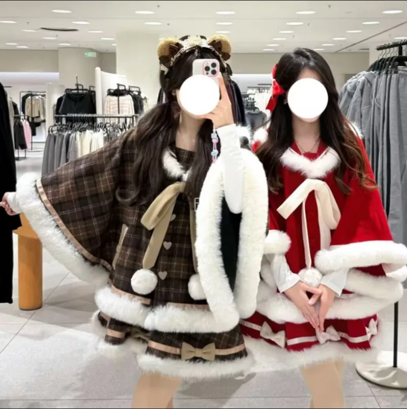Japanse sfeer roksets meisjes mantel jas + halve rok tweedelige set kerst nieuwe kleding herfst winter nieuwe zoete 2025,