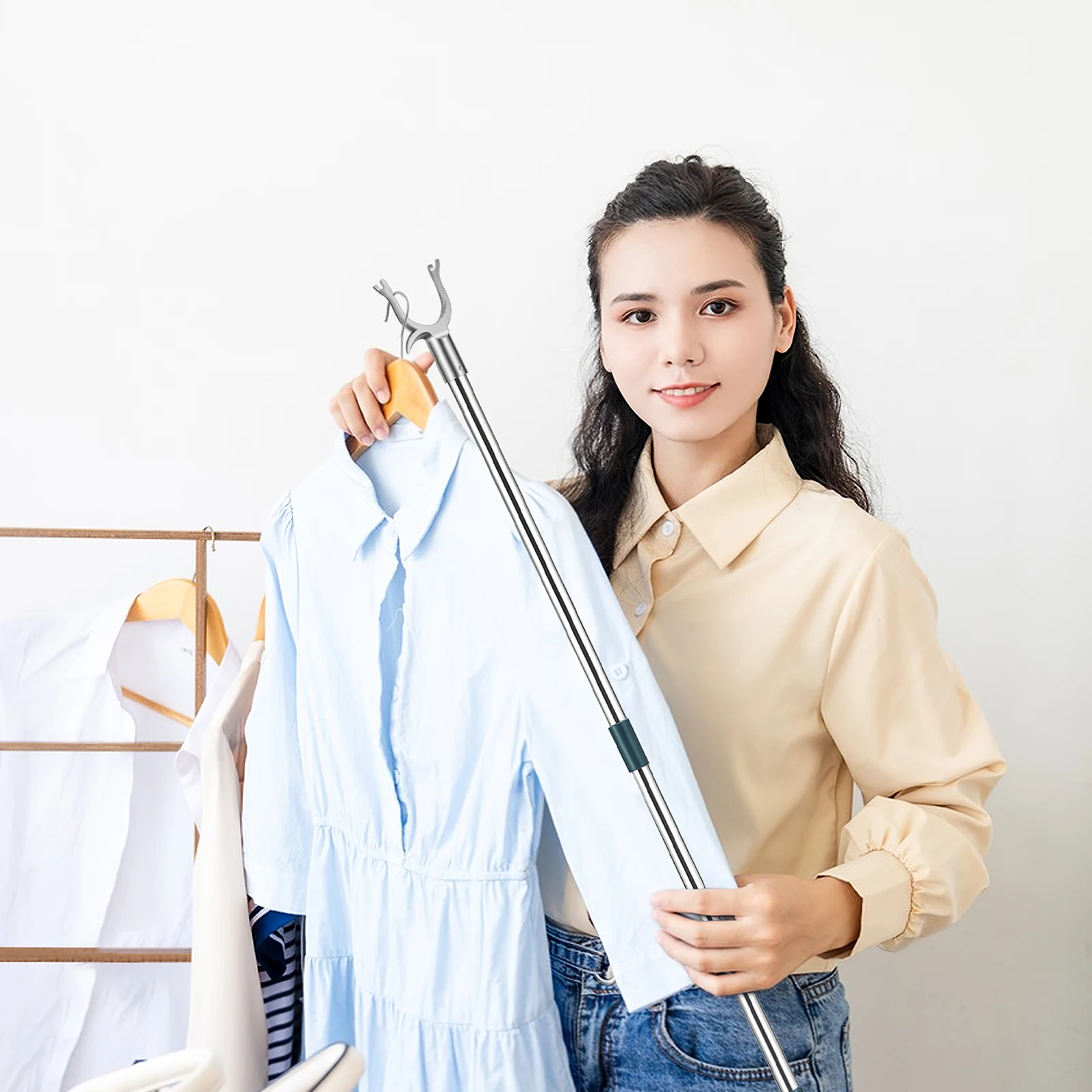 

Stainless Steel Clothesline Pole Retractable Long Reach Balcony Clothes Drying Rod Clothes Hanging Stick Clothesline Pole