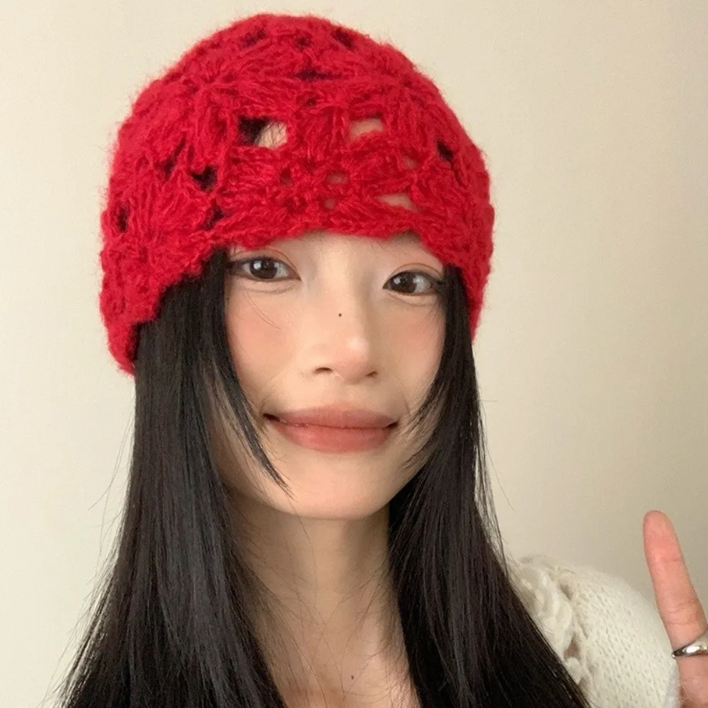 

Sweet Solid Color Crochet Flower Hat Hollow Handmade Knitted Pullover Hat Weave Y2k Beanies Cap Girls