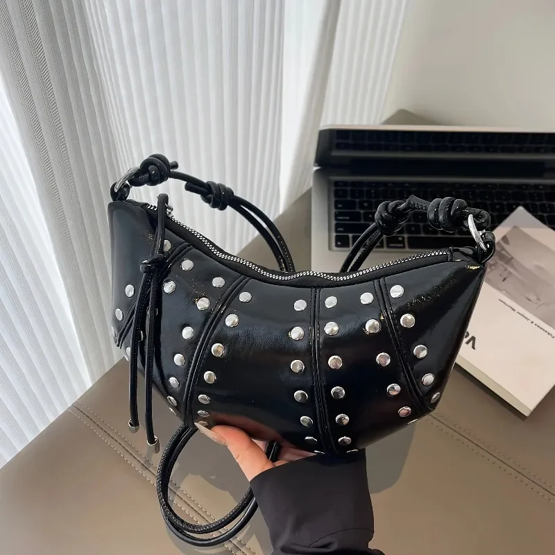 Horn Bag Rivet Shoulder Bag Trendy Crossbody Bag Commuter Handbag