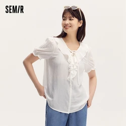 Semir White Short-Sleeved Blouse Women Gentle Vacation-Style With Bubble Sleeves 2024 Summer New Ruffled Hem Tie Detail