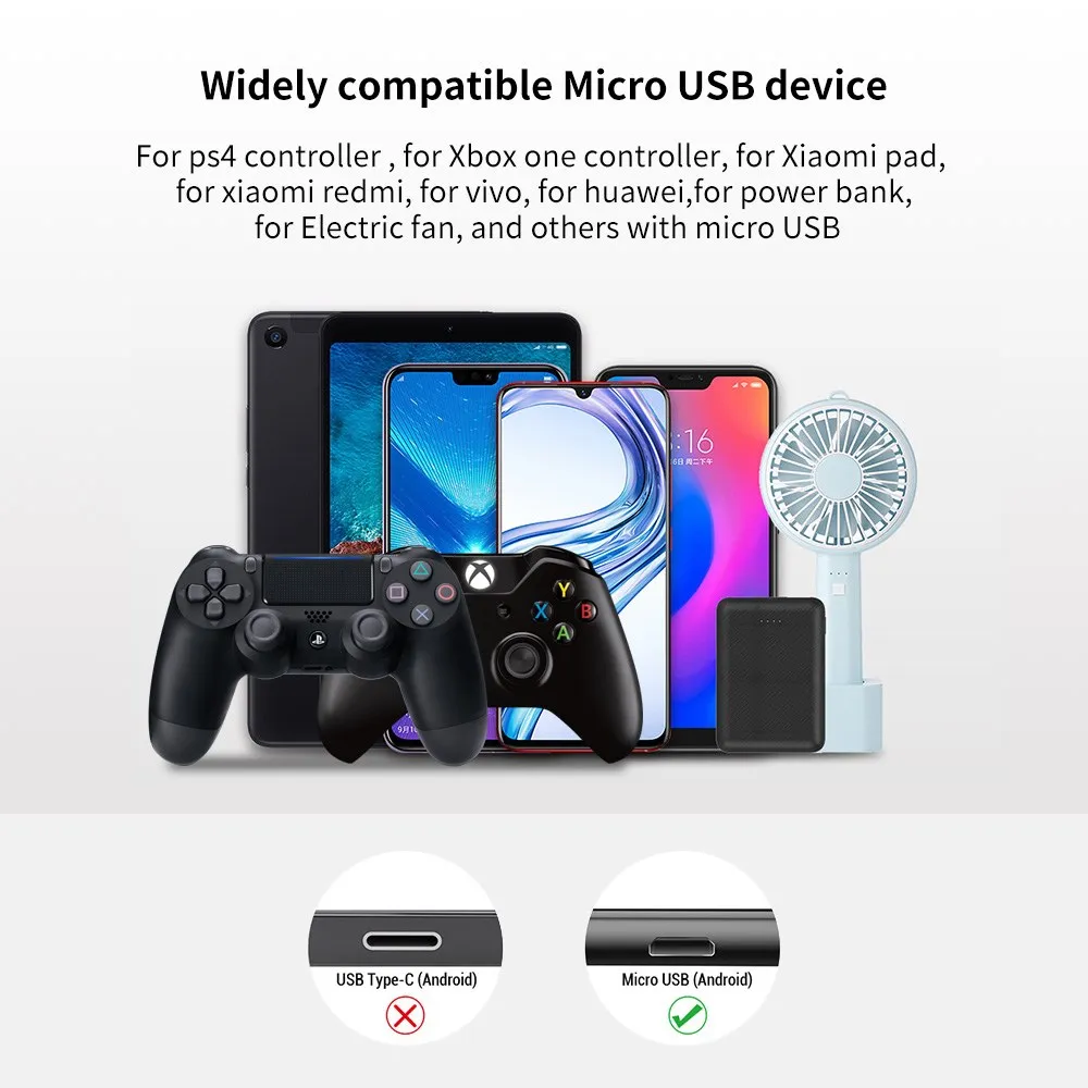 2A 1M/2M/3M USB szybki ładowanie mikrokabli do ładowarka do telefonów z systemem Android kabel szybkiego ładowania dla kabla danych kontrolera Xbox one /Ps4