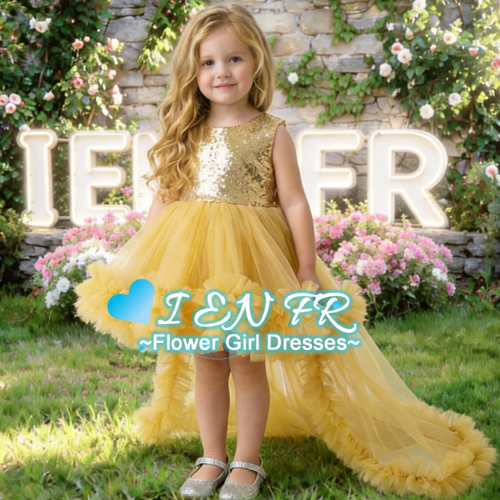 

Индивидуальное платье для девочки-цветочницы: золотое, без рукавов, с пайетками и бантом, для дня рождения, праздника, свадьбы, подружки невесты