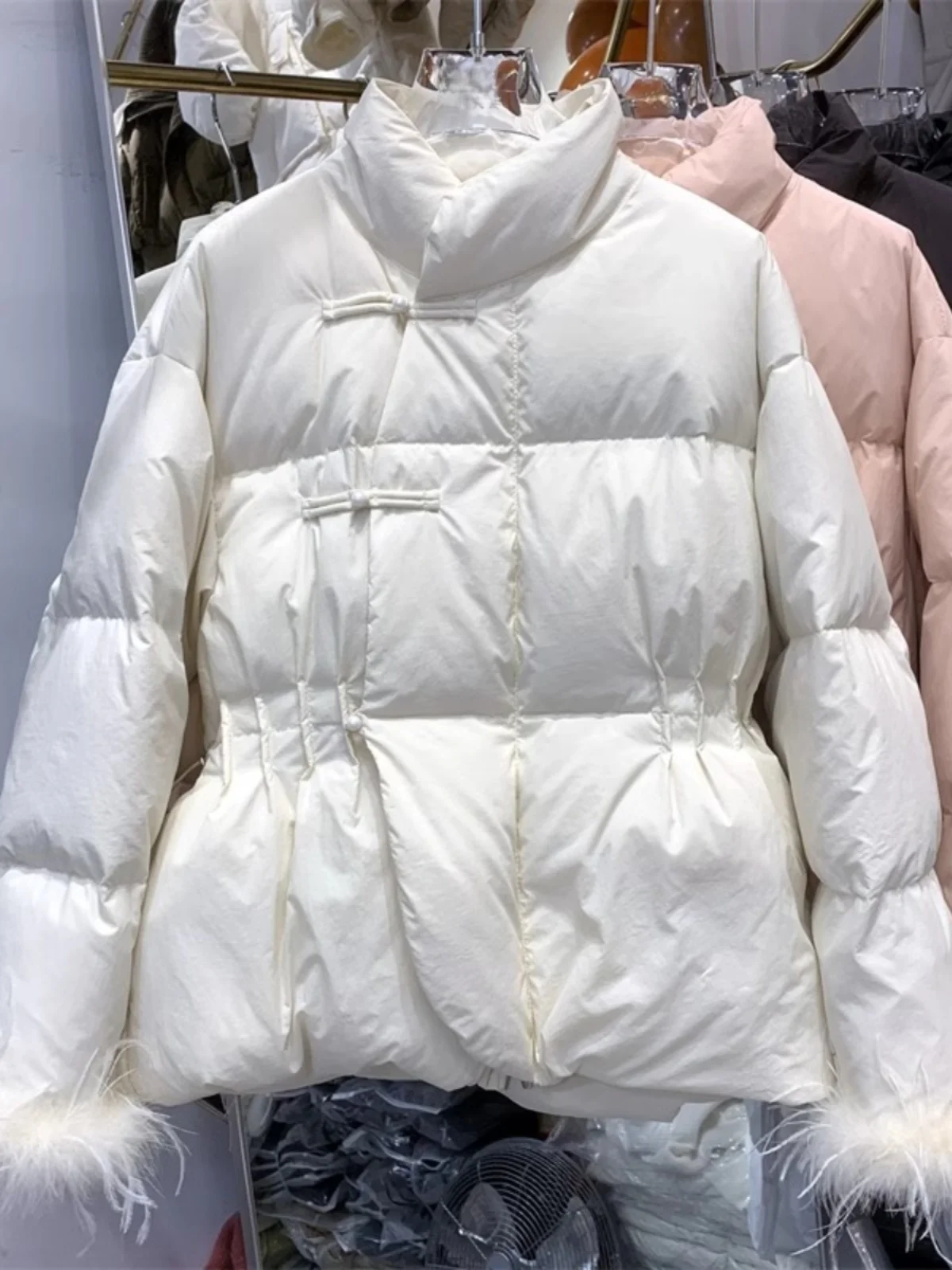 

Ele Chinese Sle Women's down Jaet Cotton Coat Stand Collar Dstring Waist Large Size Button Front Long Sve Zippe...