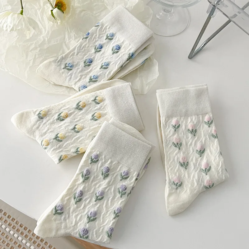 Woman Spring Summer Flower Socks Students Cute Sweet Thin Middle Tube Sock