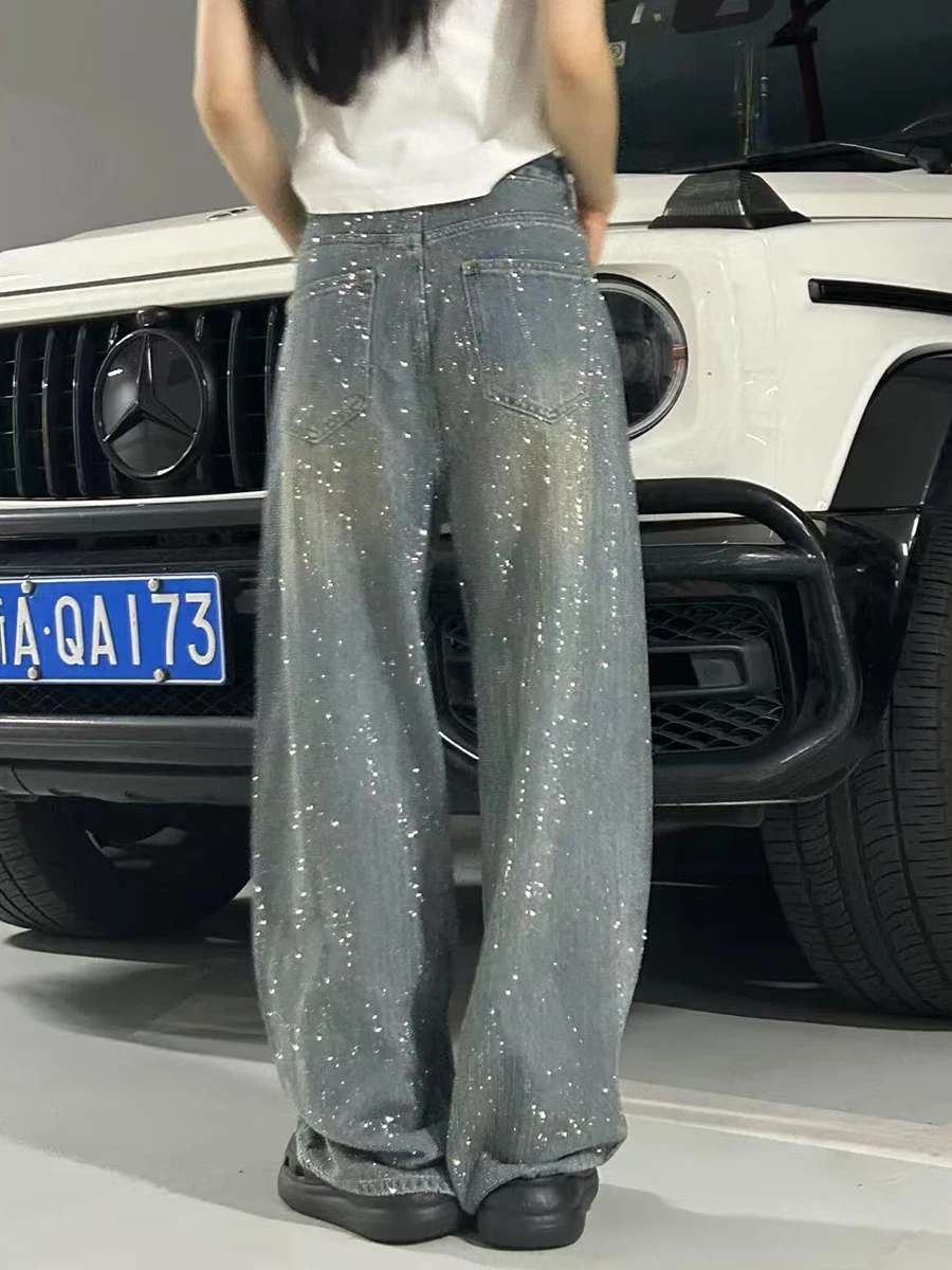 Pbap brilho strass azul baggy jeans feminino cintura alta bigodes fazer velho denim perna larga calças retas y2k vintage streetwear