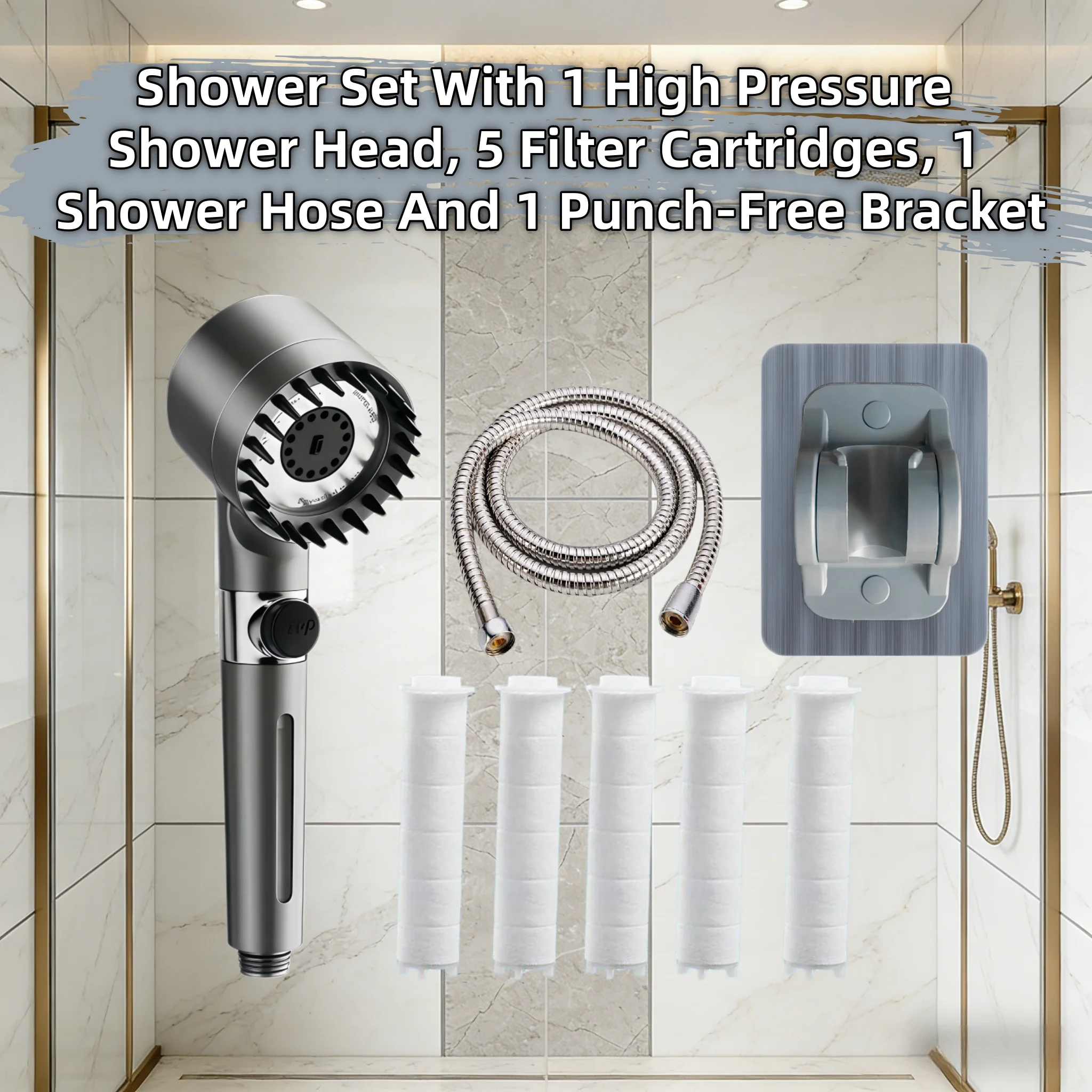 

8PCS Gray High Pressure Water Saving Shower Head Set 3 Modes Adjustable with 5 Filter Cartridge 59in Hose No Drill Bracket