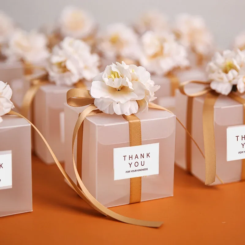 10/20/50pcs Transparent Gift Bags Thank You Artificial Flower Ribbon Wedding Souvenirs for Guests Matte Dragees Box for Baptism