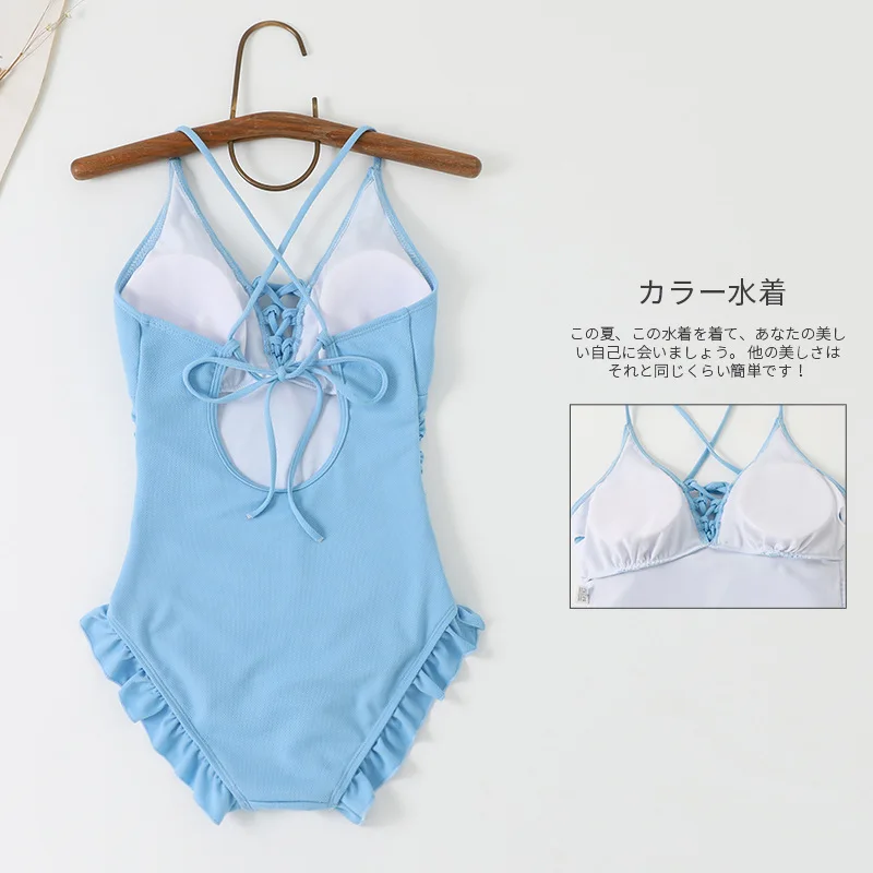 Pure Color Solid Color Girl One-piece Ruffled Swimming Suit Female Student Triangle Hot Spring Vacation Swimsuit High Elasticity