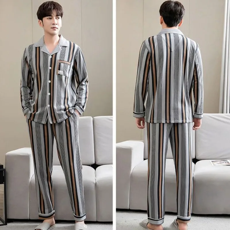 2024 New Men\'s Pajamas Spring Autumn Cotton Sleepwear Thin Long Sleeved Homewear Plus Size Oversized Loungewear Loose Nightwear