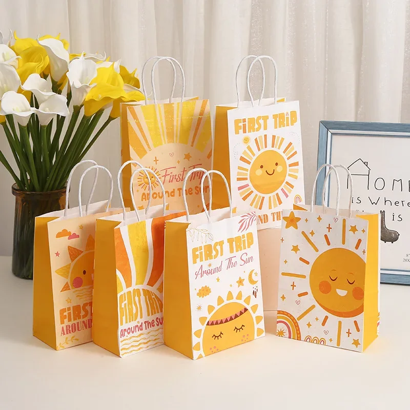 6Pcs Sun Theme Paper Kraft Gift Packing Bags Shopping Bag First Trip Candy Bag for Wedding Baby Shower Birthday Party Decoration