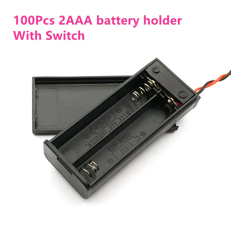 

100Pcs 3V 2*AAA Battery Holder Cover Case Box for 2 Slots AAA Batteries Storage box with ON/OFF Switch & Wire Leads