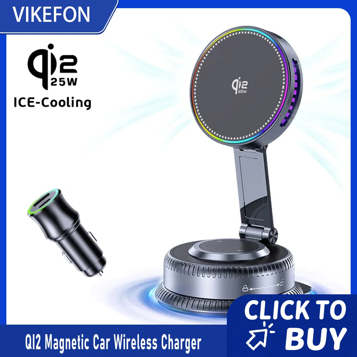 360° drehbarer ICE-Kühlventilator QI2 25W magnetisches kabelloses Auto-Ladegerät mit Vakuumsaugnapf-Handyhalterung für iPhone 17 16 Pro Max