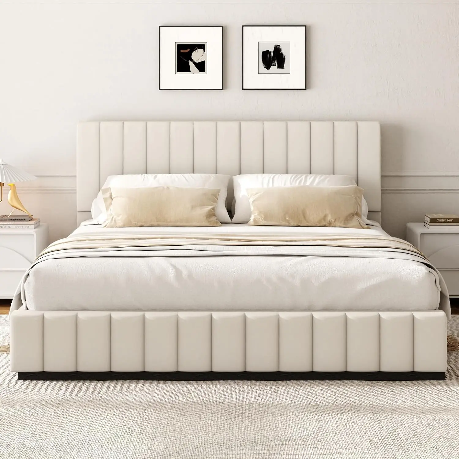 Velvet Queen Bed Frame Beige Channel Tufted Headboard Bedroom Furniture, Customized