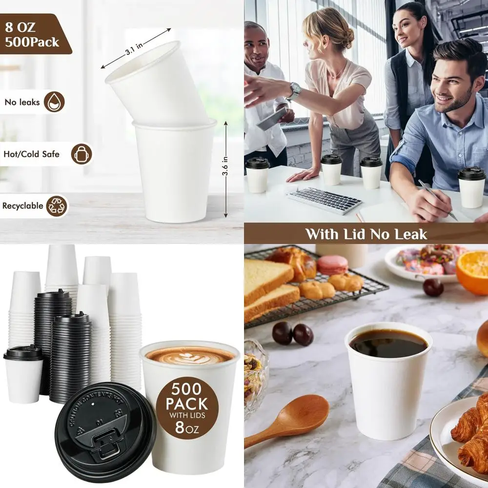 

8 oz Disposable Coffee Cups with Lids, 500 Pack, Suitable for Hot and Cold Beverages, Ideal for Home, Office, and Events