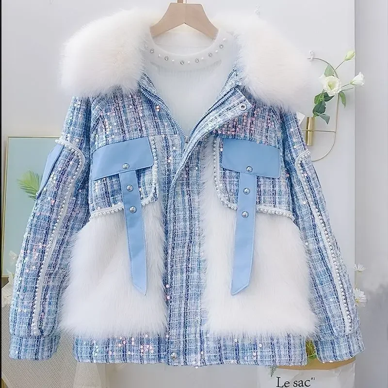 Fashion Faux Fur Jackets Women Autumn Winter Trendy Temperament Thicken Coat Splice Sequins Beads Aesthetic Jacket Y2k Clothes