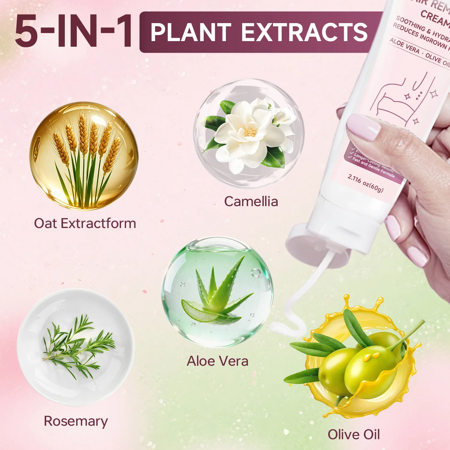 Hair Removal Cream 5-in-1 with Aloe Vera & Olive Oil, Soothing & Hydrating Formula Reduces Ingrown Hair, Fast & Gentle for Arms