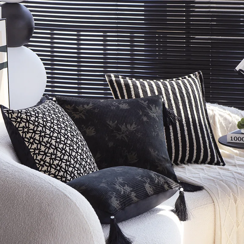 

Черно-белая неокитайская наволочка с кисточками, чехол для поясничной подушки середины века, наволочка для дивана