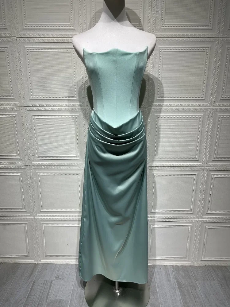 Chaxiaoa Fishbone Sexy Maxi Satin Dress Women Strapless Sleeveless Pleated Long Dress Female Elegant Evening Party Robe Vestidos