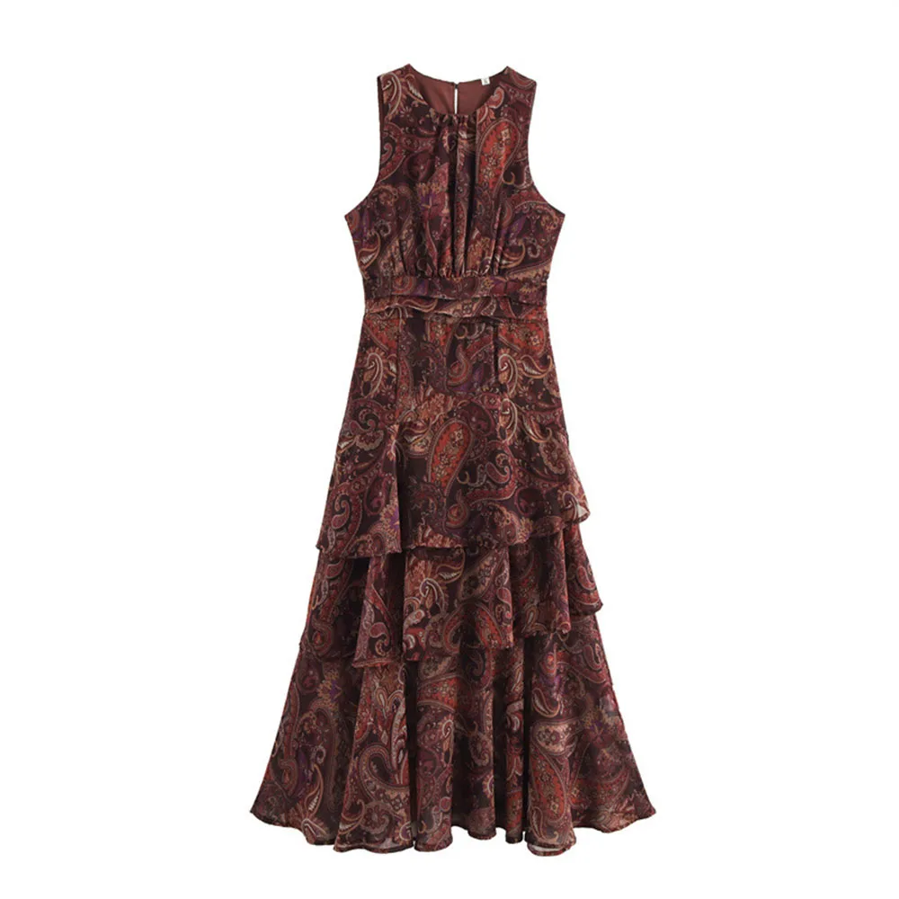 فستان بني على الطراز الفرنسي للنساء 2025 فستان جديد بطبعة زهور بقصة ضيقة بدون أكمام غير رسمي برقبة دائرية متعدد الطبقات وكشكشة #1