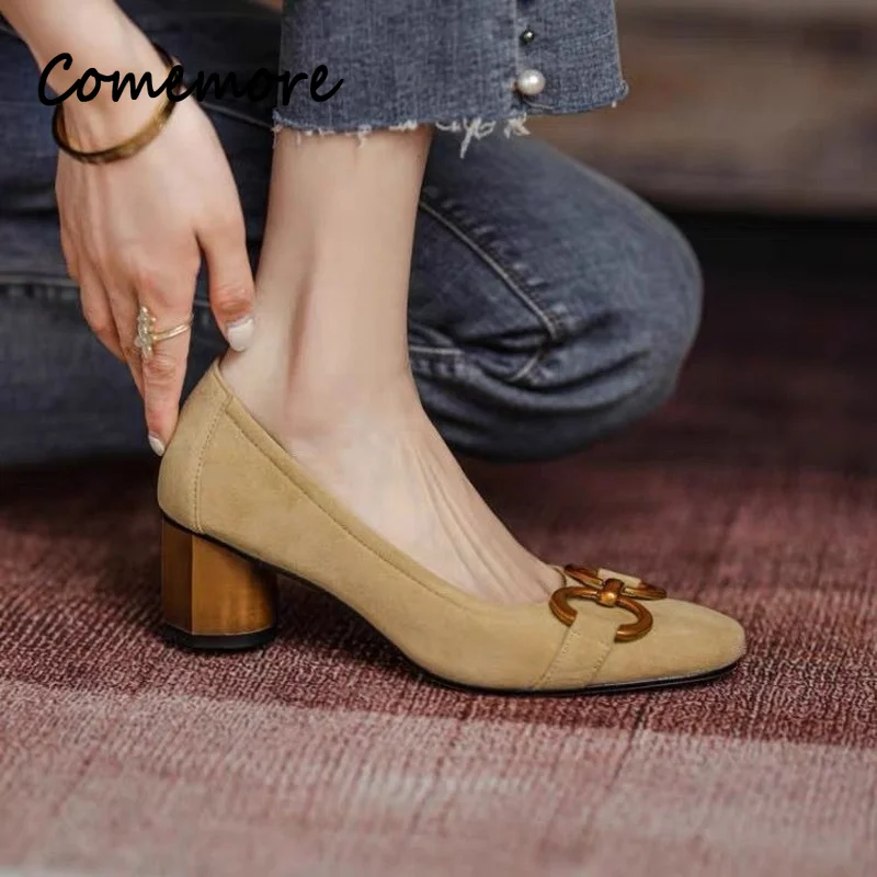 Comemore Spring Summer Dress Pumps Shoes Woman Heeled French Retro Blue High Heels Women\'s 2024 New Square Toe Medium Thick Heel