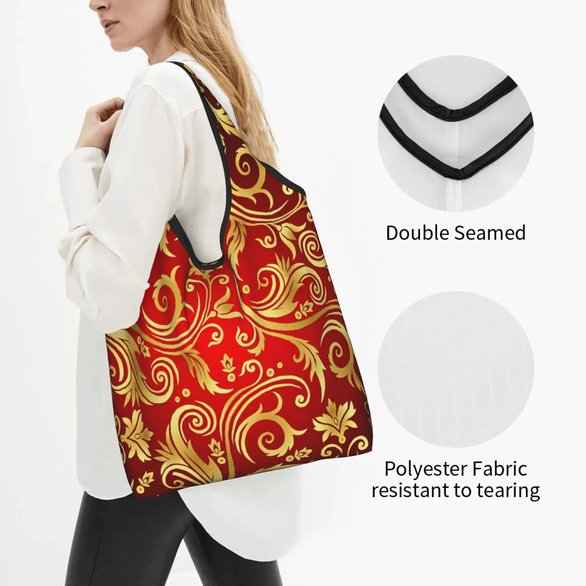 Baroque Damask Floral Groceries Shopping Tote Bag Women Custom Scrollwork  Shopper Shoulder Bag Big Capacity Handbags