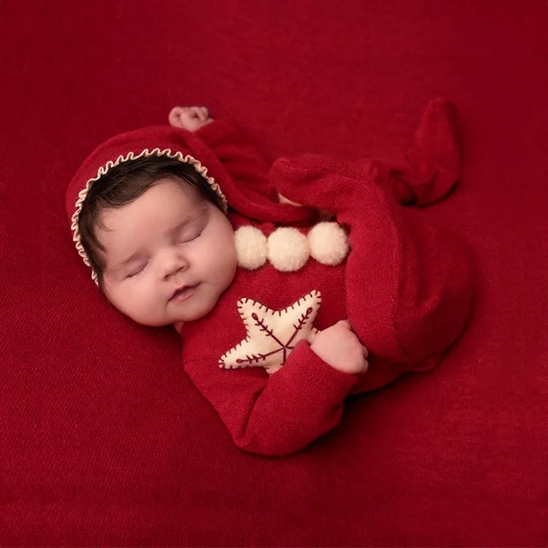 Newborn Christmas Photo Outfit Baby Boy Girl Red Knitted Romper + Santa Hat 2pcs Set Onesie with Pompom