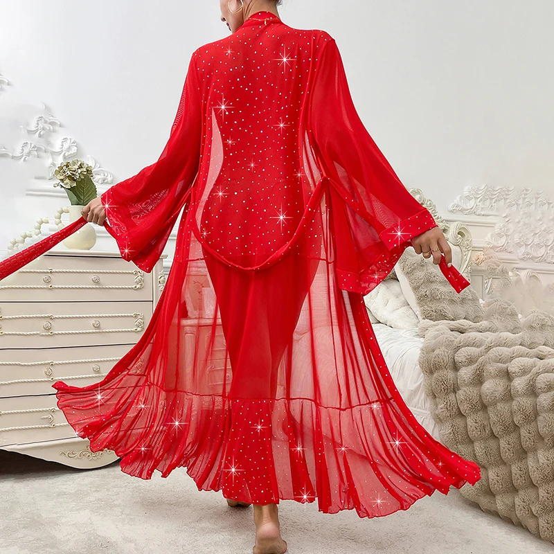 Camicia da notte sexy Accappatoio Vestibilità slim Camicie da notte lucide Paillettes Tulle Indumenti da notte Manica lunga Abito da casa Abito da notte con volant Donna