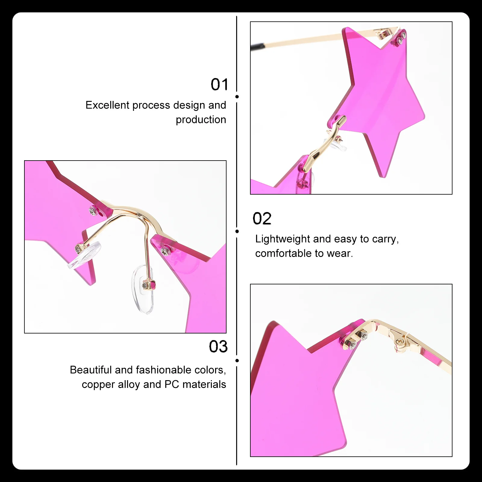 

1 Pair Star Shaped Rimless Sunglasses Premium Copper Alloy Frame Party Glasses For Festival Street Photo Valentine'S Day Props