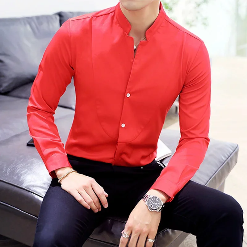 Mens Long Sleeve Shirt High Quality Stand Collar Casual Slim Solid Color Summer Fashion Men\'s Clothing Shirt Oversized Size 5XL