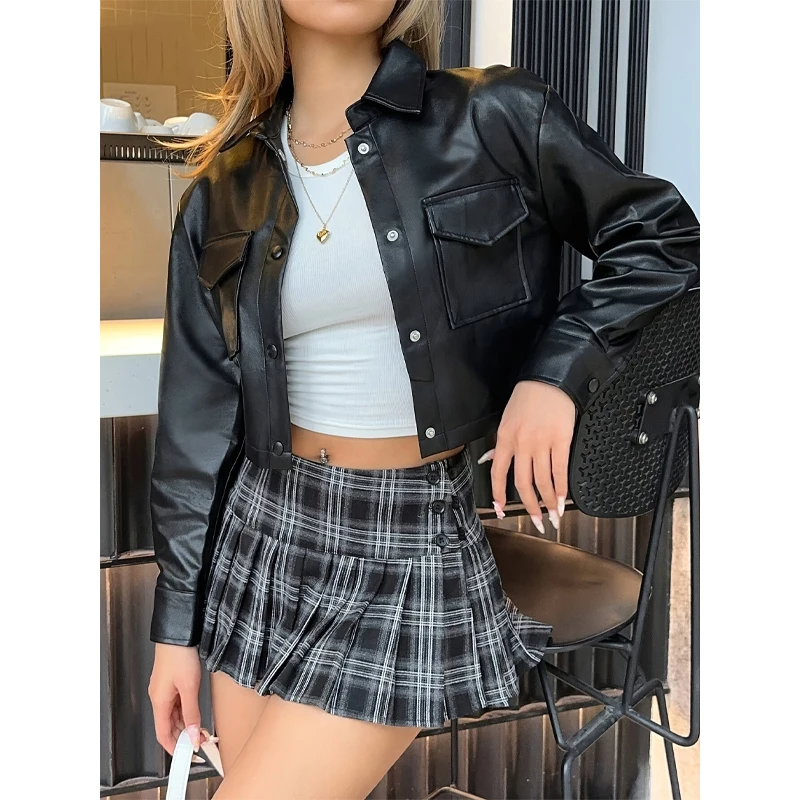 الخريف الشتاء المرأة فو الجلود اقتصاص سترة العصرية الأسود موتو السائق سترة قصيرة الأزياء بو معطف حزب سترة #1