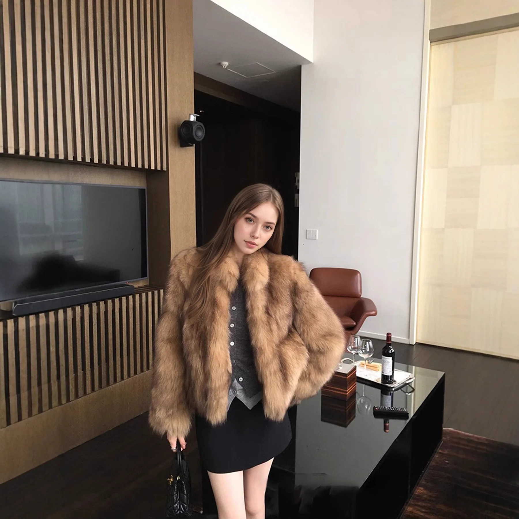 معاطف نسائية من فرو الثعلب الصناعي سترة قصيرة متينة سميكة بياقة واقفة وأكمام طويلة مغطاة بأزرار منفوشة فضفاضة غير رسمية لخريف وشتاء 2025 #5